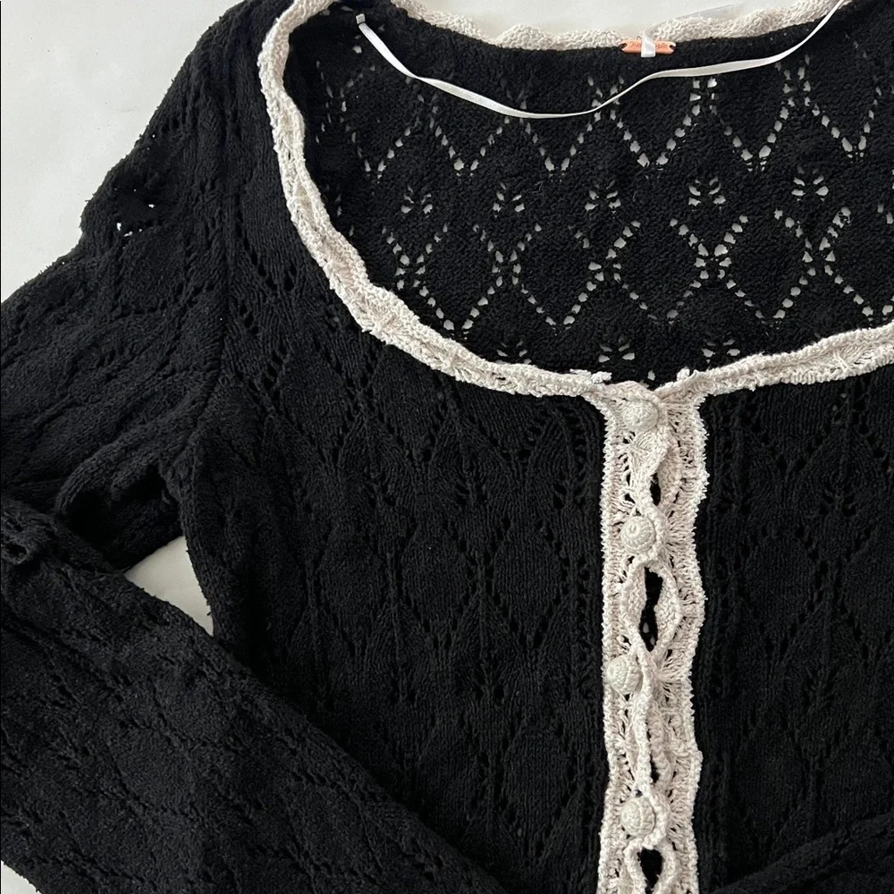 Free People Adelene Cardigan - Black Linen Blend Knit Large $128
